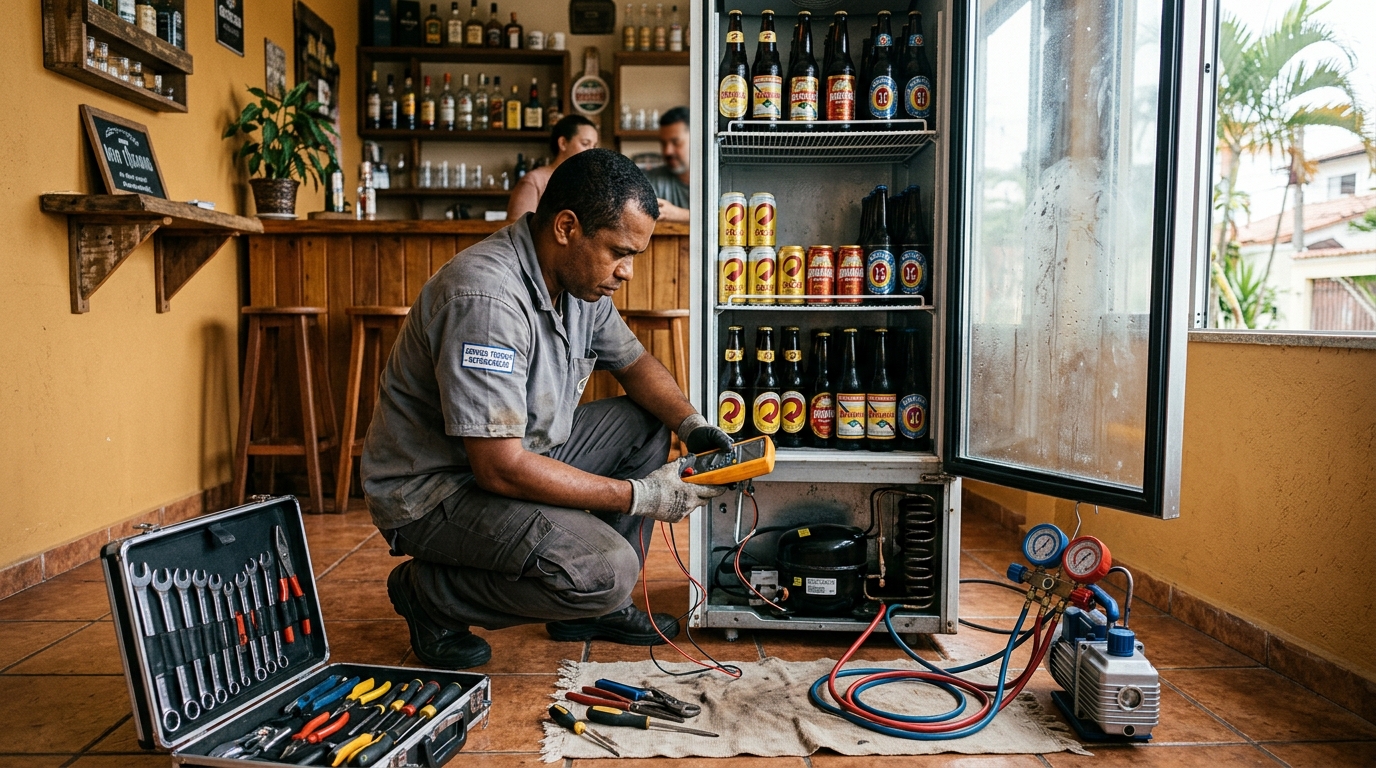 Troca de termostato de cervejeira em atendimento técnico em Ponta Grossa‑PR